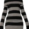 Women Autumn Dress Striped Boat-Neck Long Sleeve